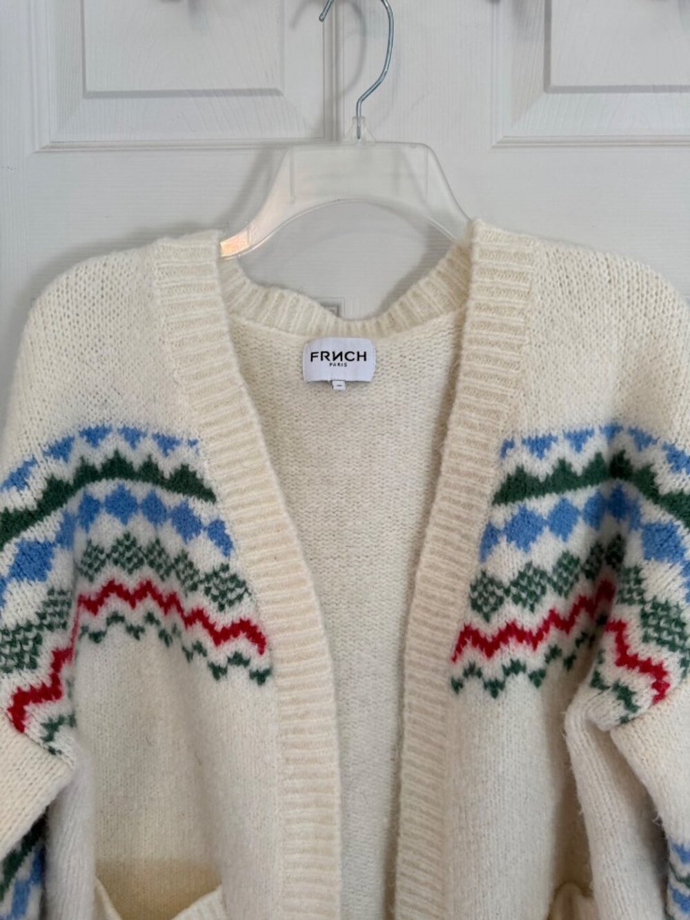 FRNCH Fairisle Long Sleeve Cream Open Cardigan Sweater One Size Fits All - Picture 2 of 7
